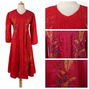 复古vintage古着孤品连衣裙，文艺范森系长袖，裙子红色异域贴布刺绣
