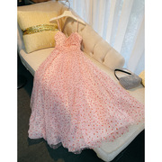 法式小众设计感高端礼服裙粉色波点网纱吊带蓬蓬裙夏季度假连衣裙