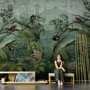 美式东南亚手绘热带雨林猴子艺术壁纸客厅电视背景墙纸壁画墙布