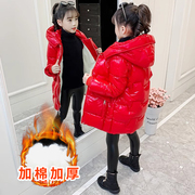 女童2023羽绒棉服冬装中大儿童加绒棉袄厚外套洋气中长红色衣