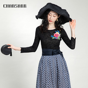 香莎CHANSARR 复古典雅黑色绣花上衣 镂空透气修身显瘦气质蕾丝衫