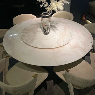 天然大理石芬迪白奢石圆餐桌带转盘，一桌六椅尺寸可定制