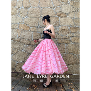 简爱花园复古风粉色欧根纱，水珠点蓬蓬伞裙法式甜美半身裙ja111