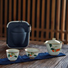 日式汝窑旅行茶具套装，田园风陶瓷便携式泡茶茶具茶壶茶杯快客杯