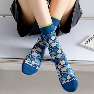 春季花朵女袜克莱因，蓝提花个性白底中筒，袜子创意潮牌韩国棉袜