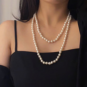 gwe珍珠项链毛衣链长款多层法式复古时髦高级经典，正圆强光贝珠链