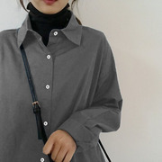 秋冬季纯色长袖衬衫女ins灰色港味复古小众设计感宽松洋气衬衣潮