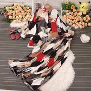 KATTERLLG欧美时尚套装女秋季法式复古印花蝙蝠袖衬衫高腰百褶阔