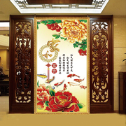 自粘玄关现代装饰画壁纸富贵牡丹中式入户客厅走廊过道墙贴画