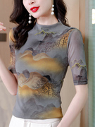 韩版大码半高领上衣女夏季中袖网纱T恤修身薄款半袖打底衫潮