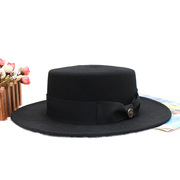 黑色平顶平沿复古羊毛礼帽女冬百搭保暖法式英伦毛呢帽子毡帽