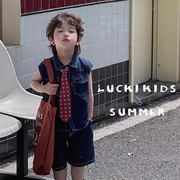luckikids韩国童装2024夏季男童中小童软薄牛仔背心短裤套装
