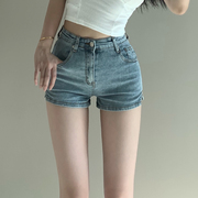 欧美辣妹紧身牛仔短裤女夏季弹力高腰小个子大码包臀，热裤超短裤子