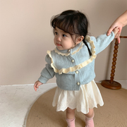 韩版婴儿毛衣套装秋季女童，针织毛线女宝宝，甜美蓝色一周岁开衫外套