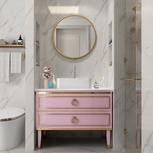 定制轻奢橡木浴室柜组合落地洗脸盆北欧台上盆，智能镜柜大理石粉色