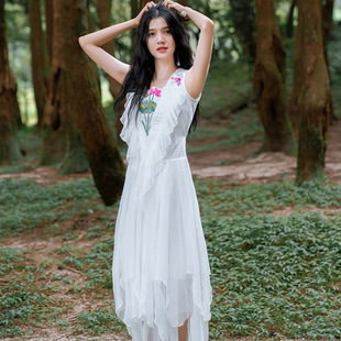 说梦缘民族风连衣裙，无袖纯白色刺绣夏季雪纺仙女，长裙中国风裙子