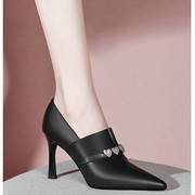 2024春季韩版黑色深口单鞋女高跟鞋细跟尖头时尚职业女式鞋子