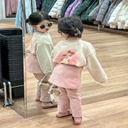 韩国童装女童2024春季卡通印花卫衣，粉色假两件条绒裙裤两件套
