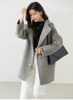 秋冬灰色连帽手工双面羊绒，大衣女高端加厚中长款毛呢外套