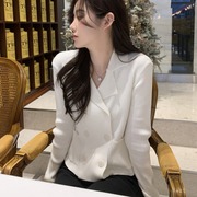 韩国chic春季复古简约纯色双排扣西装领长袖针织衫气质显瘦外套女