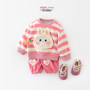 婴儿宝宝春季长袖套装女宝超萌可爱小兔子，卫衣运动长裤休闲两件套