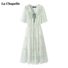 拉夏贝尔lachapelle娃娃领雪纺，碎花连衣裙女夏季小清新绿色裙子