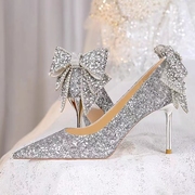 银色水晶高跟鞋女蝴蝶结细跟婚纱新娘结婚礼服法式气质不累脚单鞋