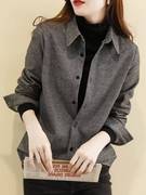灰色磨毛格子衬衫女士，2024春秋季韩版洋气长袖，polo领衬衣外套