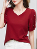 韩国红色网纱泡泡袖T恤女短袖夏2024洋气宽松漂亮V领减龄上衣