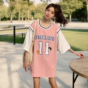 篮球服女假两件t恤女生球衣背心女童篮球衣女款短袖韩版粉色上衣