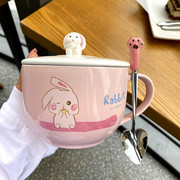 韩式大容量马克杯带盖勺可爱女生，办公室陶瓷杯牛奶燕麦片早餐水杯