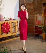 中长款红色蕾丝旗袍，2024年新娘敬酒服出阁旗袍，短袖中国风婚宴礼服