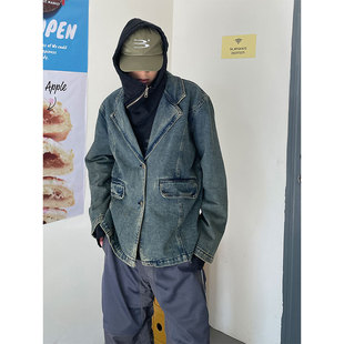 尾郎的店美式街头做旧水洗牛仔西装外套，男ins高街欧美设计感夹克