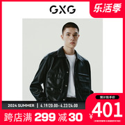 gxg男装黑色口袋，设计简约时尚翻领皮衣，夹克外套23冬季