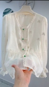中式国风盘扣衬衫女春季设计感重工刺绣衬衣白色雪纺上衣开衫