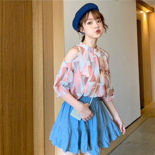 娃娃衫上衣蓬蓬夏韩版宽松甜美洋气几何露肩雪纺，衫a字下摆遮肚子