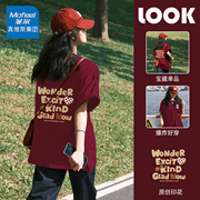 真维斯Mofeel酒红短袖t恤女2024字母印花小众设计感半袖上衣