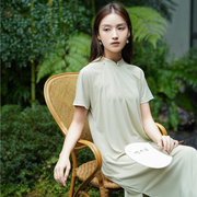 夏季新中式改良款嫩芽绿针织半袖旗袍裙白简朱衣原创设计