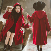 女童斗篷大衣秋冬中大童洋气网红女孩亲子装加厚羊毛呢子外套