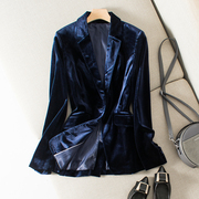 欧洲站西服轻奢高雅藏青色修身一粒扣丝绒小西装职业西装外套正装