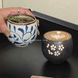 日式复古陶瓷咖啡杯ins意式浓缩拉花杯印花冷萃杯dirty澳白拿铁杯