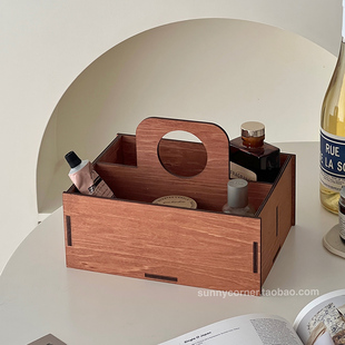 ins风复古木质桌面杂物化妆品整理盒收纳盒长方形手提分隔储物盒