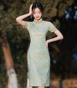 浅色旗袍年轻款2024年素雅青色蕾丝改良新中式日常可穿小个子