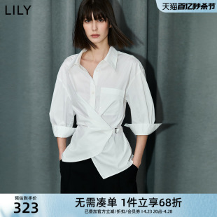 lily2024夏女装(夏女装)设计感不对称腰带气质通勤修身落肩七分袖衬衫