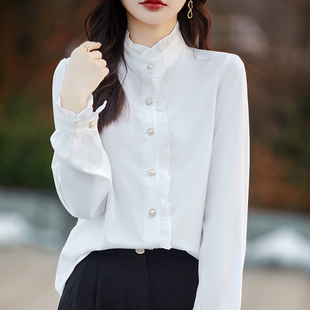 外贸春秋法式优雅木耳边雪纺衬衫女立领气质白色衬衣