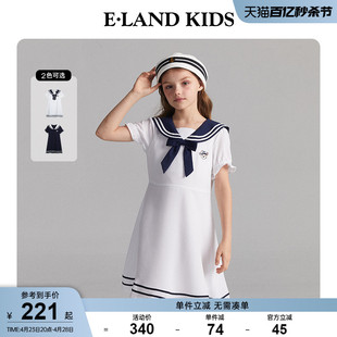 eland kids衣恋童装夏季女童学院海军风翻领绣花连衣裙