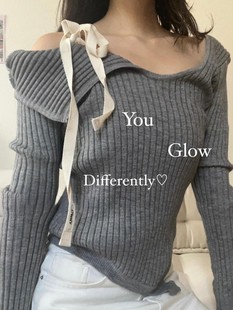 Unique SEI 韩版露肩性感不对称系带一字肩辣妹打底针织毛衣上衣