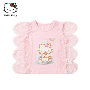 Hello Kitty童装女童夏蕾丝圆领短袖T恤棉个性上衣