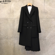 2024韩版宽松显瘦黑色小西装外套女中长款时尚，气质拼接百褶西服潮