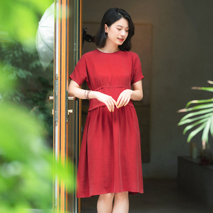 g21s-050诗与花北京瓷片，高端复古文艺圆领短袖抽带红色连衣裙